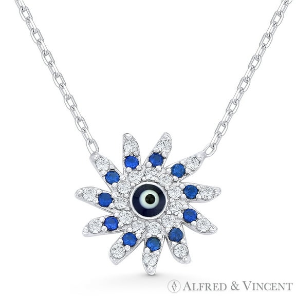 Evil Eye Glass Bead & CZ Crystal Mayan Sun Charm & Chain Necklace in .925 Sterling Silver