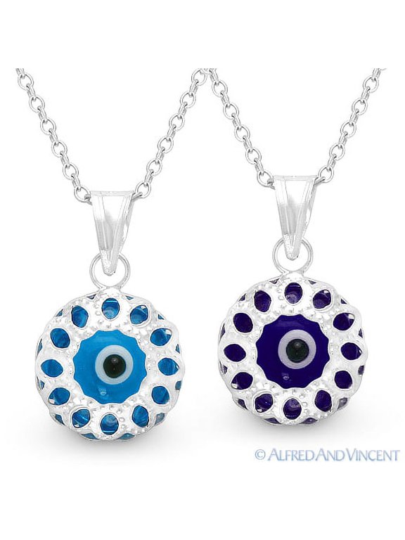 Evil Eye Glass Bead Charm Pendant & Chain Necklace in .925 Sterling Silver