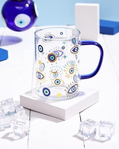 Evil Eye Glass Coffee Cup with Handle 16oz Glass Can for Hot/Cold Beverages Cappuccino Latte Espresso Beer Hamsa Blue Evil Eye for Protection Tumbler Mug Heat-Resistant and Freezer Safe