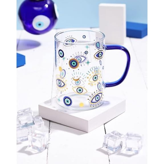Evil Eye Glass Coffee Cup with Handle 16oz Glass Can for Hot/Cold Beverages Cappuccino Latte Espresso Beer Hamsa Blue Evil Eye for Protection Tumbler Mug Heat-Resistant and Freezer Safe