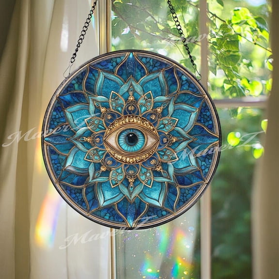 Evil Eye Glass Suncatcher, Blue Mandala Window Art, Protection Decor, 6.3 in