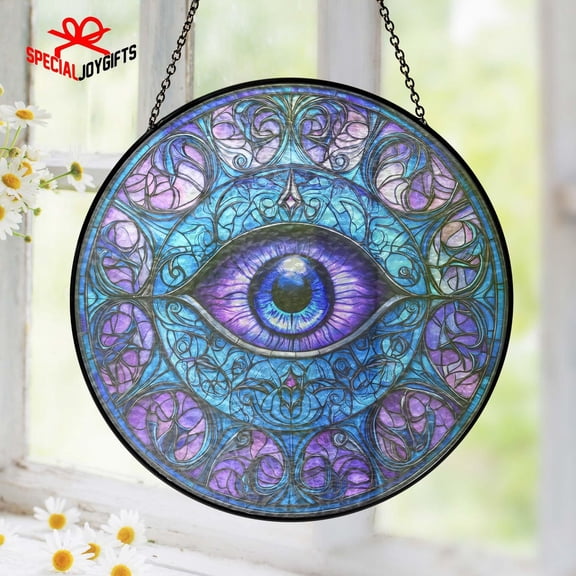 Evil Eye Glass Suncatcher, Light Catcher Window Hanging Protection Charm Home, 3.5 in