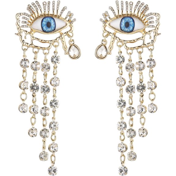 Evil Eye Gold Protection Earrings Large Ojo Turco Crystal Long Tassel Dangle Earrings