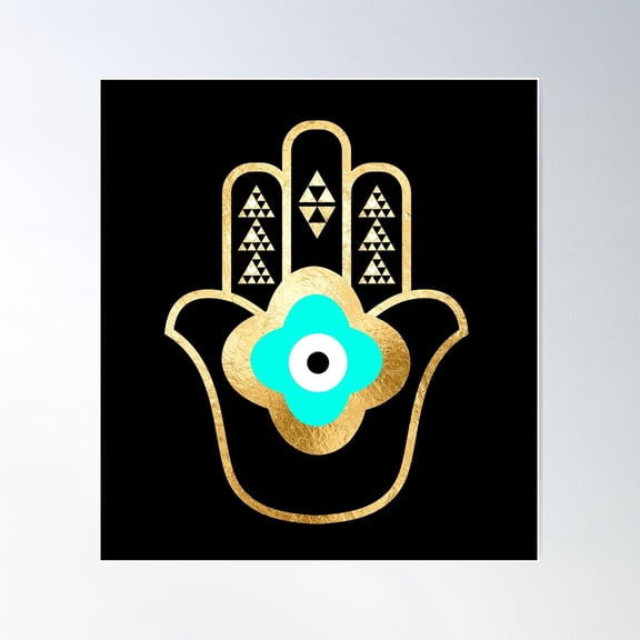 Evil Eye Hamsa Hand Turquoise Gold Foil Poster Wall Art, Modern Wall Decor For Living Room Bedroom, 24x36 UNFRAMED