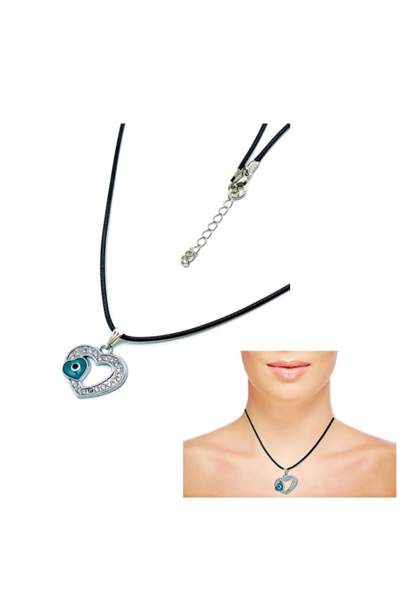 Evil Eye Heart Crystals Silver Necklace Lucky Charm Pendant Jewelry Black Rope