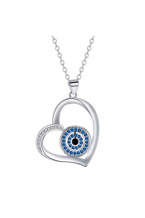 Evil Eye Heart Necklace for Women, 925 Sterling Silver Protection Pendant with Blue Cubic Zirconia, Love Heart Amulet Jewelry Gift for Her