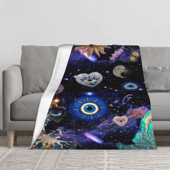 Evil Eye Heart Sun Yin Yang Cosmic Purple Galaxy Starry Sky Flannel Throw Blanket, Reversible Sherpa Fleece Decor Blanket for Couch Bed Sofa, Mystical Boho Spiritual Protection Gift Blanket