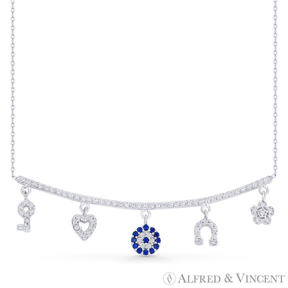 Evil Eye, Key, Snowflake, Horseshoe, & Heart Necklace w/ CZ Crystals in .925 Sterling Silver