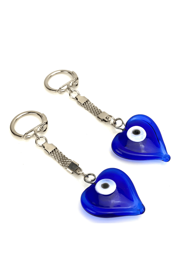 Evil Eye Keychains Handmade Blue Glass Large Heart Good Luck Gift Housewarming Set of 2
