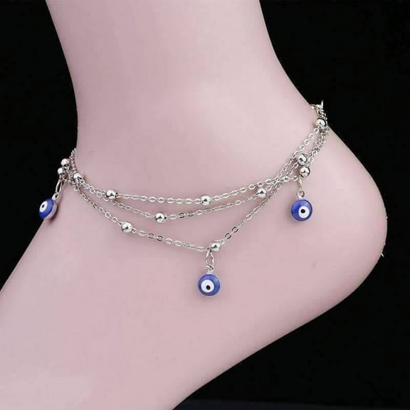 Evil Eye Layered Ankle Bracelet In Silver or Gold For Woman