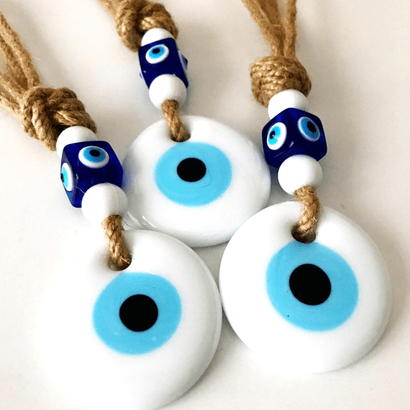 Evil Eye Lovers Wall Hanging Macrame Home Protection and Decorations' Christmas Ornaments White Glass Amulet