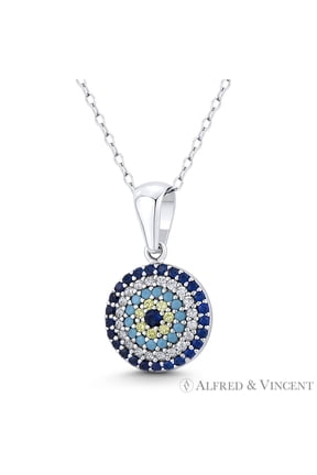 Evil Eye Luck Charm CZ & Nano Crystal Pendant in .925 Sterling Silver w/ Rhodium