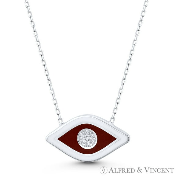 Evil Eye Luck Charm Enamel & CZ Crystal 10x18mm Pendant & Chain Necklace in .925 Sterling Silver