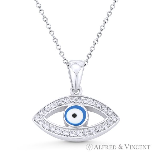 Evil Eye Luck Charm Enamel & CZ Crystal Pendant & Chain Necklace in .925 Sterling Silver w/ Rhodium