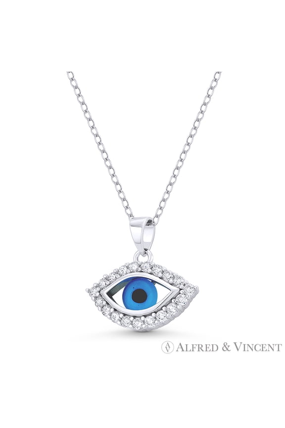 Evil Eye Luck Charm Glass Bead & CZ Crystal Pendant & Chain Necklace in .925 Sterling Silver w/ Rhodium