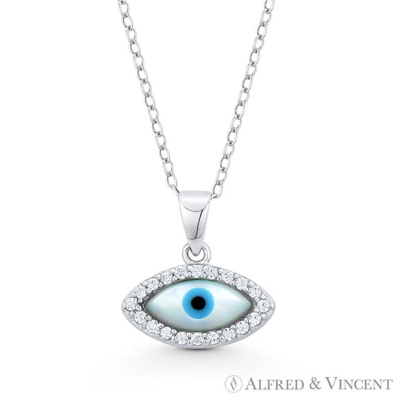Evil Eye Luck Charm Mother-of-Pearl & Cubic Zirconia CZ Crystal Pendant & Chain Necklace in .925 Sterling Silver w/ Rhodium