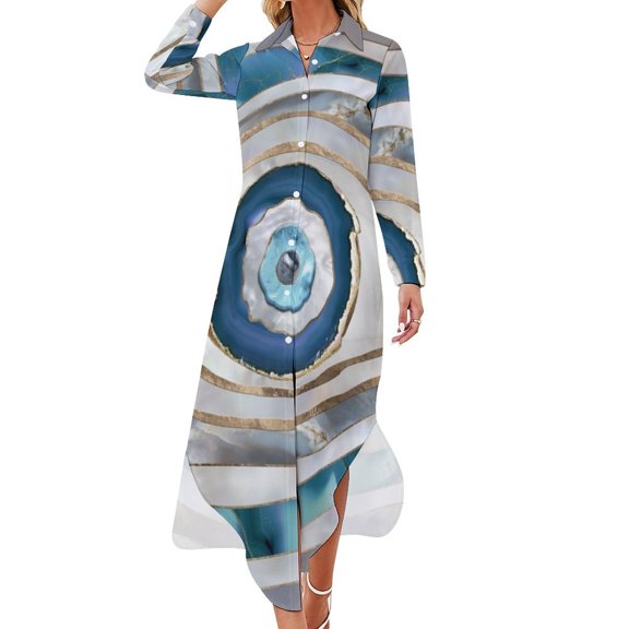 Evil Eye Mineral textures and gold Long Sleeved Shirt Dress dresses korean style evening dress