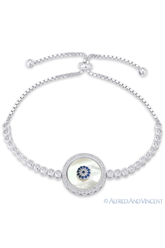 Evil Eye Mother-of-Pearl & CZ Crystal Charm Bolo-Style Bracelet in .925 Sterling Silver