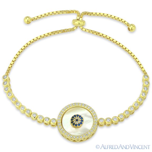 Evil Eye Mother-of-Pearl & CZ Crystal Charm Bolo-Style Bracelet in .925 Sterling Silver