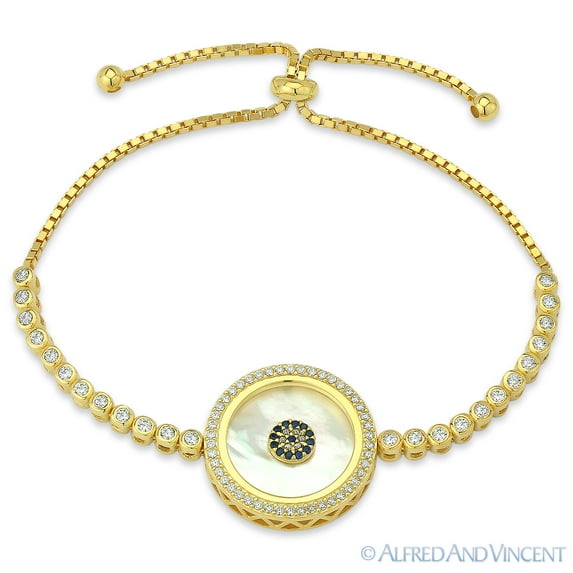 Evil Eye Mother-of-Pearl & CZ Crystal Charm Bolo-Style Bracelet in .925 Sterling Silver
