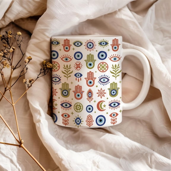 Evil Eye Mug, Hamsa d Pattern, Boho Protection Cup, Mtil Gift, Spiritual Dr, Nazar Amulet Art, Good Luck Gift.