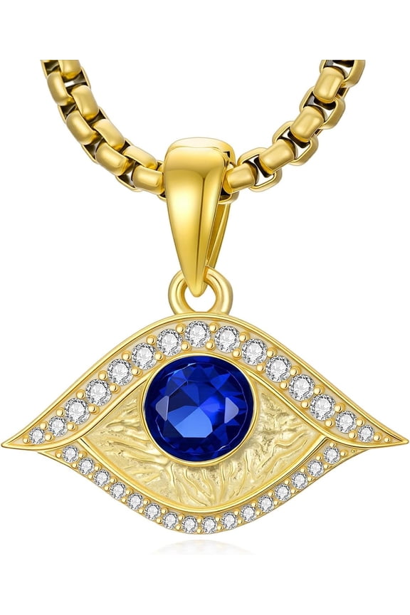 Evil Eye Necklace 925 Sterling Silver 18K Gold Plated Blue Sapphire Evil Eye Pendant Jewelry for Men Women, w/Stainless Steel Chain 22'' + 2''