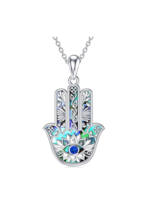 Evil Eye Necklace 925 Sterling Silver Abalone Shell Hamsa Fatima Pendant Necklace Protection Jewelry Gift for Women Men