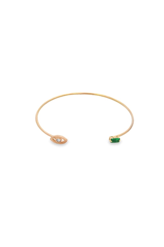 Evil Eye Open Bangle Cuff Bracelet With Green Rectangle Stone (B56)