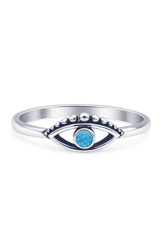 Evil Eye Oxidized Round Ring Lab Created Blue Opal 925 Sterling Silver Size 8