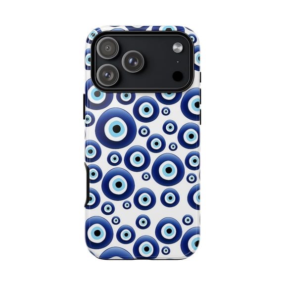 Evil Eye Pattern Tough Phone Case for iPhone 7 to 17 Pro Max, Glossy Shockproof Dual Layer Protective Cover, Gift for Boho Style Fans