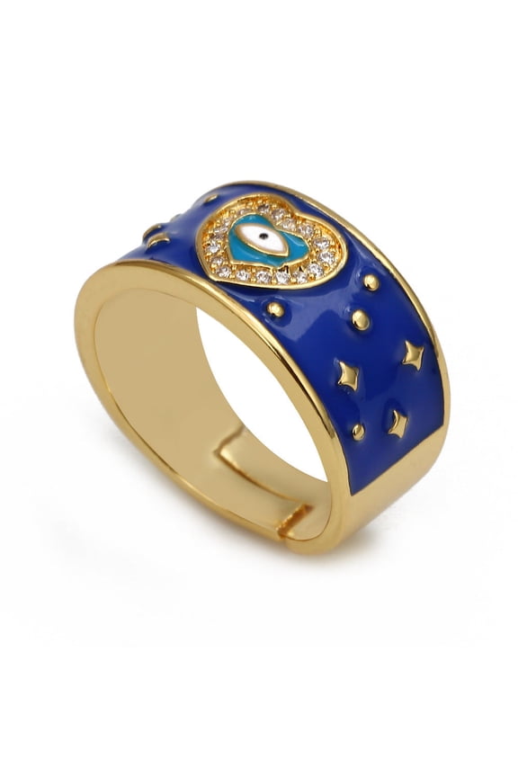 Evil Eye Ring Turkish Eye Heart Gold Tone Adjustable Unisex Fashion Jewelry Protective Charm Gift Everyday Wear