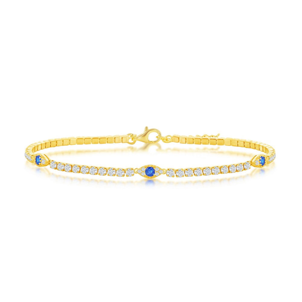 Evil-Eye Simulated Diamond CZ 9+1” Tennis Anklet |Gold Plated Sterling Silver Jewelry for Women or Teens
