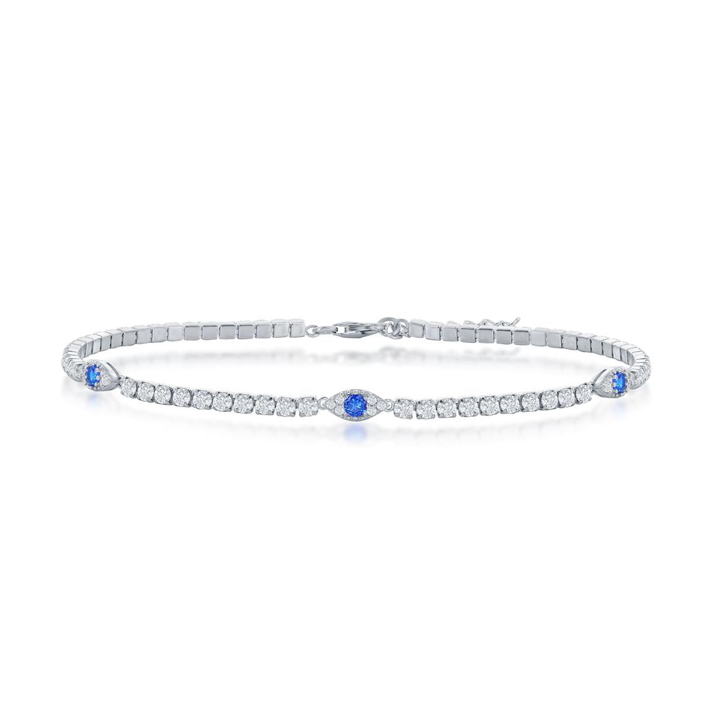 Evil-Eye Simulated Diamond CZ 9+1” Tennis Anklet |Sterling Silver Jewelry for Women or Teens