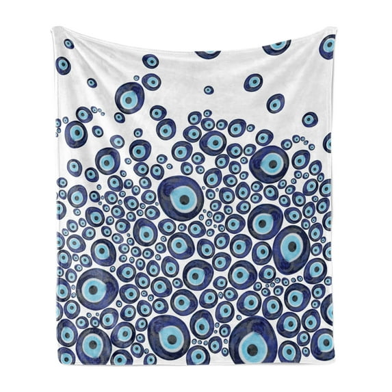 Evil Eye Soft Flannel Fleece Blanket, Culture Folkloric Luck Glass Look Beads Graphic on Plain Background, Cozy Plush for Indoor and Outdoor Use, 50" x 60", Dark Blue and Pale Blue, by Ambesonne