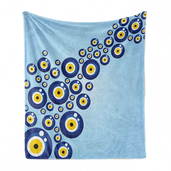 Evil Eye Soft Flannel Fleece Throw Blanket, Diagonal Evil Eye Pattern Lively Protection Turkish Cultural, Cozy Plush for Indoor and Outdoor Use, 70" x 90", Blue Pale Blue Yellow, by Ambesonne