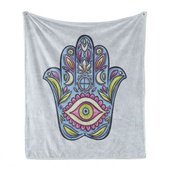 Evil Eye Soft Flannel Fleece Throw Blanket, Doodle Hamsa Hand Traditional All Seeing Eye Positive Colorful, Cozy Plush for Indoor and Outdoor Use, 60" x 80", Pale Blue Pink Green, by Ambesonne