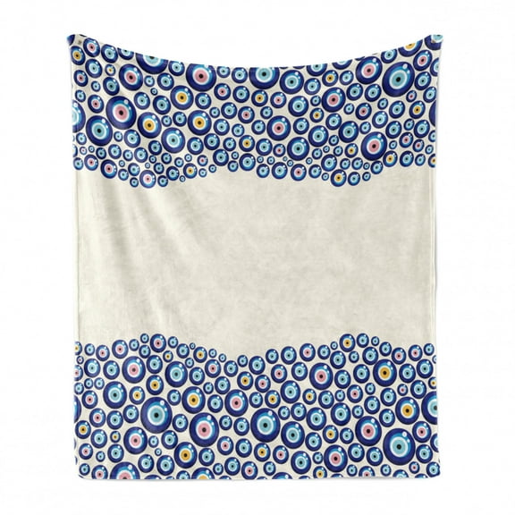Evil Eye Soft Flannel Fleece Throw Blanket, Energetic Border Framework Design with All Seeing Eyes Luck, Cozy Plush for Indoor and Outdoor Use, 50" x 70", Blue Pink Yellow, by Ambesonne