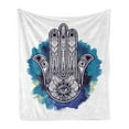 thumbnail image 1 of Evil Eye Soft Flannel Fleece Throw Blanket, Hamsa on Watercolor Brushstrokes Backdrop Ornament Floral Elements, Cozy Plush for Indoor and Outdoor Use, 60" x 80", Pale Blue Dark Blue, by Ambesonne, 1 of 5