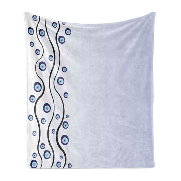 Evil Eye Soft Flannel Fleece Throw Blanket, Eye Shaped Round Ethnic Themed Vertical Wavy Lines Happiness Print, Cozy Plush for Indoor and Outdoor Use, 60" x 80", Black Lilac Blue, by Ambesonne