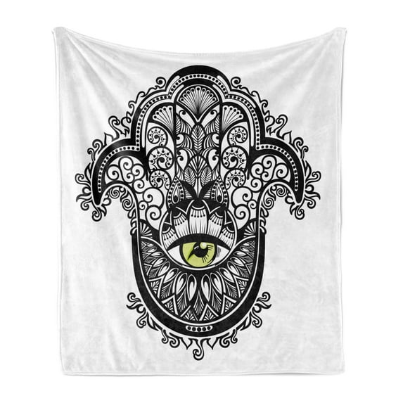 Evil Eye Soft Flannel Fleece Throw Blanket, Vivid Illustration All Seeing Eye Energy Fantasy Magic, Cozy Plush for Indoor and Outdoor Use, 70" x 90", Yellow White and Black, by Ambesonne