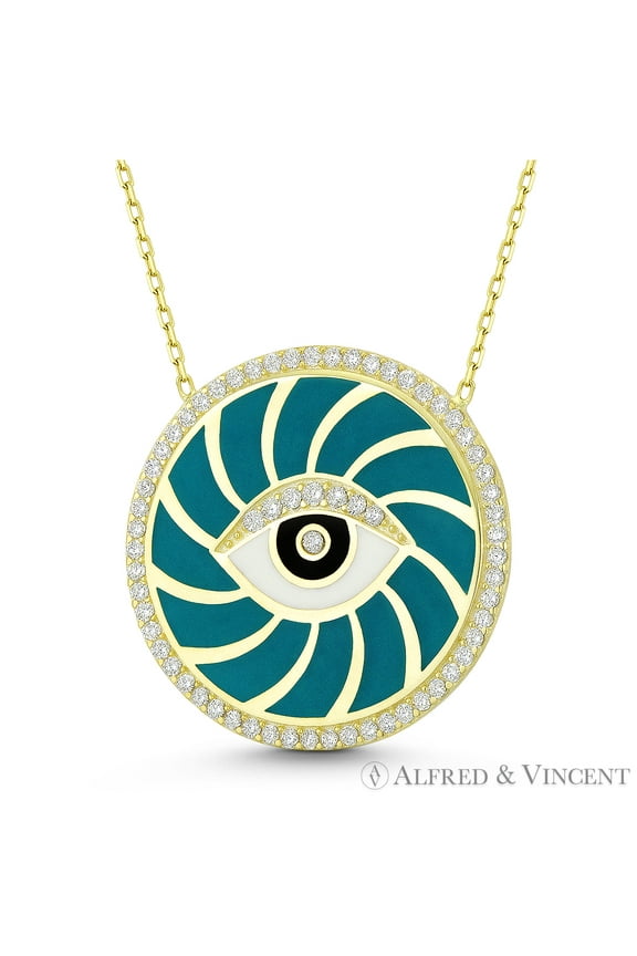 Evil Eye Spiral Luck Charm Enamel & CZ Crystal Pendant & Chain Necklace in .925 Sterling Silver