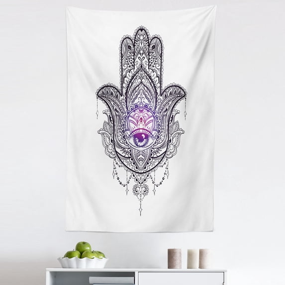 Evil Eye Tapestry, Art Curvy Floral Details Eastern Ornaments, Fabric Wall Hanging Decor for Bedroom Living Room Dorm, 5 Sizes, Purple White and Black, by Ambesonne