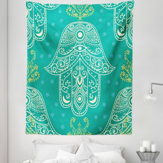 Evil Eye Tapestry, Eastern Oriental Hamsa Hand Pattern with Little Daisies Illustration, Fabric Wall Hanging Decor for Bedroom Living Room Dorm, 5 Sizes, Yellow White and Teal, by Ambesonne