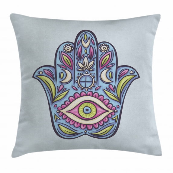 Evil Eye Throw Pillow Cushion Cover, Doodle Hamsa Hand Symbol Traditional All Seeing Eye Positive Colorful, Decorative Square Accent Pillow Case, 18 X 18 Inches, Light Blue Pink Green, by Ambesonne