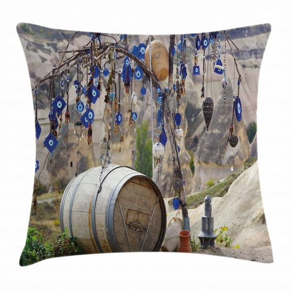 Evil Eye Throw Pillow Cushion Cover, Picturesque Landscape with Evil Eyes on a Tree Cappadocia Turkey Anatolian Culture, Decorative Square Accent Pillow Case, 16 X 16 Inches, Multicolor, by Ambesonne