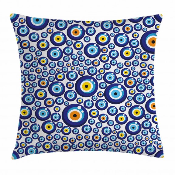 Evil Eye Throw Pillow Cushion Cover, Traditional Turkish Charm Luck Sign Pattern Vivid Bead Figures Graphic, Decorative Square Accent Pillow Case, 18 X 18 Inches, Blue Orange Yellow, by Ambesonne