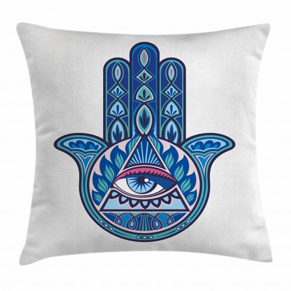 Evil Eye Throw Pillow Cushion Cover, Vibrant Design Hamsa Hand with Evil Eye in Triangle Esoteric East Cure, Decorative Square Accent Pillow Case, 20 X 20 Inches, Blue Turquoise Pink, by Ambesonne