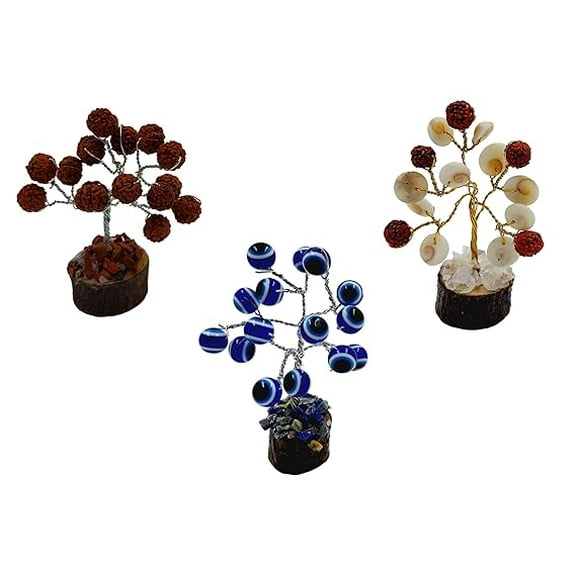 Evil Eye Tree, Gomti Chakra, Rudraksh Tree Home Decor Miniature House Decoration Items for Living Room, Drawing Room Side Table Decore, Set of 3 (15 Beads)