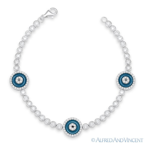 Evil Eye Triple Circle Luck Charm Cubic Zirconia & Enamel Bracelet in .925 Sterling Silver