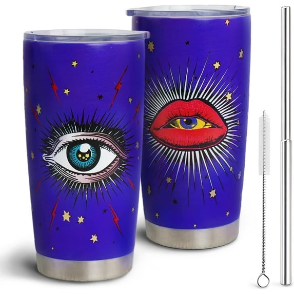 Evil Eye Tumbler with Lid and Straw, 20oz Vacuum Insulated Coffee Tumbler, Funny Red Lip Coffee Mug Gifts for Women, Friends, on Birthday, Reusable Stainless Steel Tumbler Cups-Offshore Blue